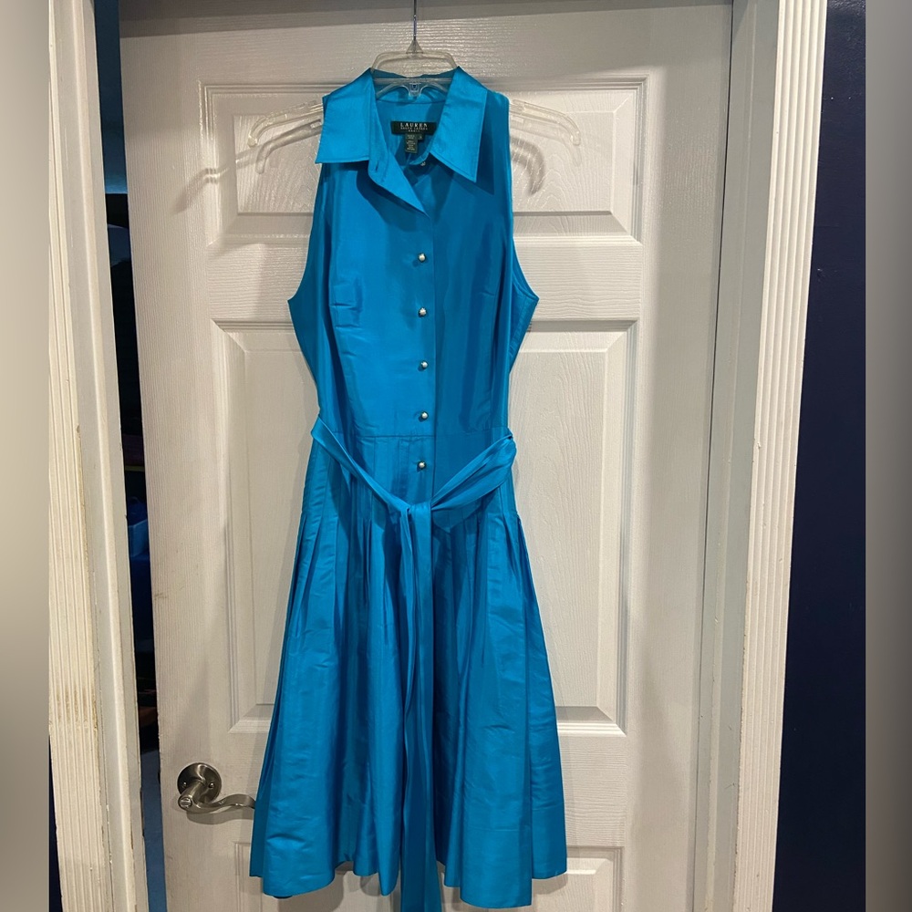 ALMOST NEW WORN ONCE Lauren RL dress. Teal blue w/ pearl buttons and belt.